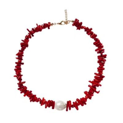 Chillax Women's Neutrals / Red / White Pearl Coral Choker Necklace
