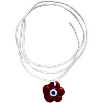 Chillax Women's Red / White Chill Red Flower Glass Evil Eye Vegan Suede Necklace -limited In Brown