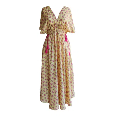 Chillax Women's Yellow / Orange / Pink Rose Bohemian V Neck Midi Dress In Butter Yellow In Yellow/orange/pink