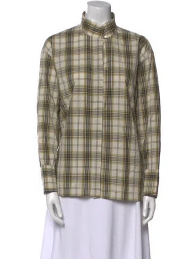 Pre-owned Chimala Plaid Print Mock Neck Button-up Top In Neutral