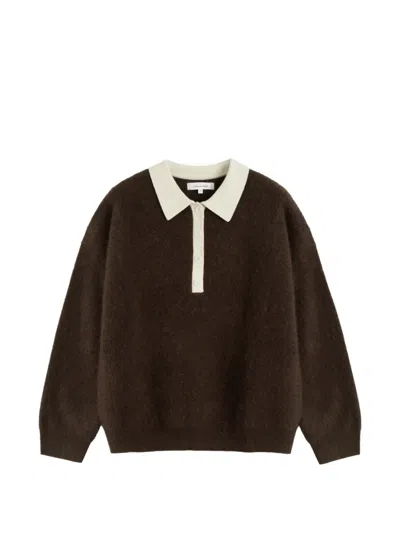 Chinti & Parker Chocolate Contrast-collar Wool Polo Top In Brown