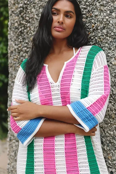Chinti & Parker Cotton Crochet Stripe Mini Dress In Pink