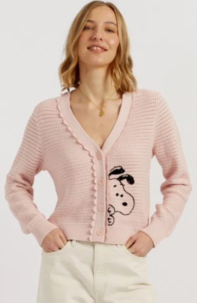 Chinti & Parker Cotton Snoopy Crochet Peekabo Cardigan In Pink