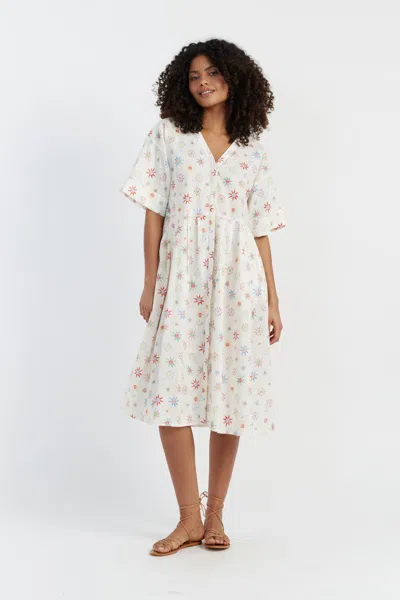 CHINTI & PARKER CREAM LINEN-COTTON ETOILE V-NECK SUNDRESS