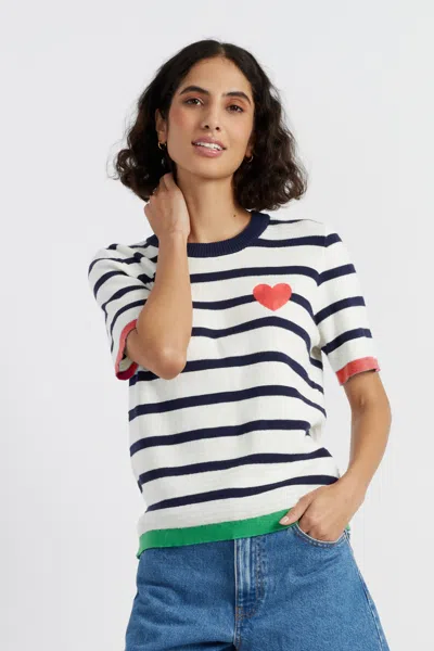 CHINTI & PARKER CREAM-NAVY COTTON HEART BRETON CROCHET T-SHIRT