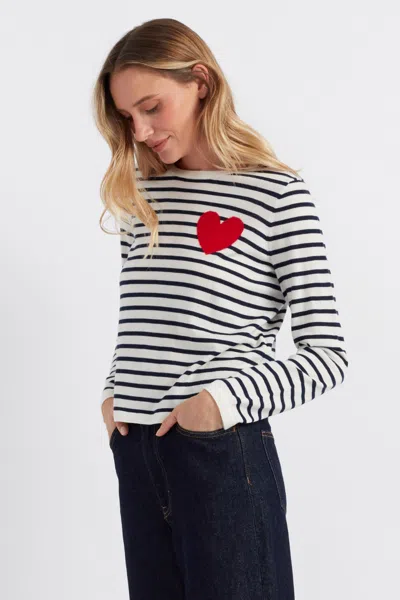 Chinti & Parker Cream-navy Merino Heart Breton Sweater In White