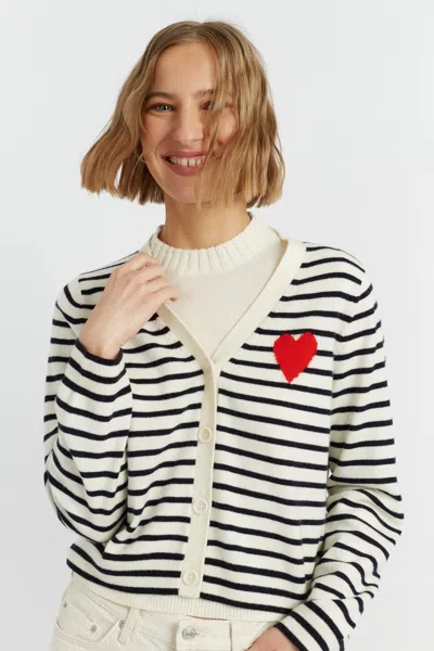 Chinti & Parker Cream-navy Wool-cashmere Heart Breton Cardigan In White