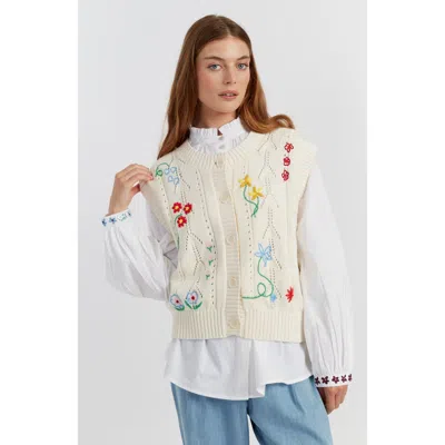 Chinti & Parker Floral-embroidered Sleeveless Cardigan In Neutral