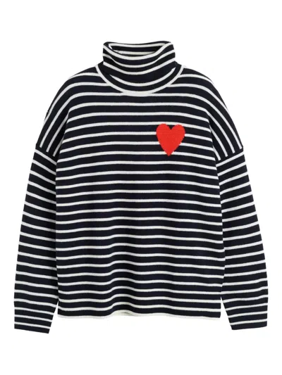Chinti & Parker Heart-detail Striped Roll-neck Jumper In Black