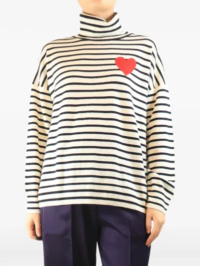Pre-owned Chinti & Parker Heart-patch Striped Roll-neck Sweater In Neutral