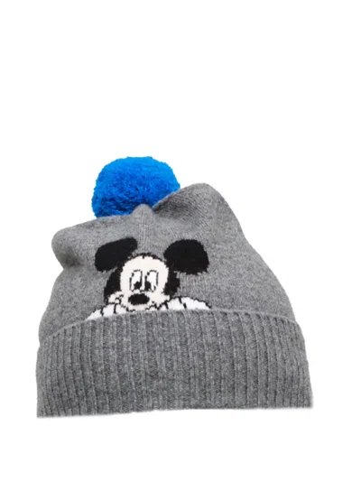 Chinti & Parker Mickey Mouse Intarsia-knit Pompom Beanie Hat In Gray