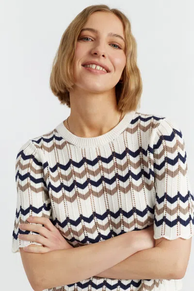 Chinti & Parker Navy Cotton Chevron Stitch T-shirt In White