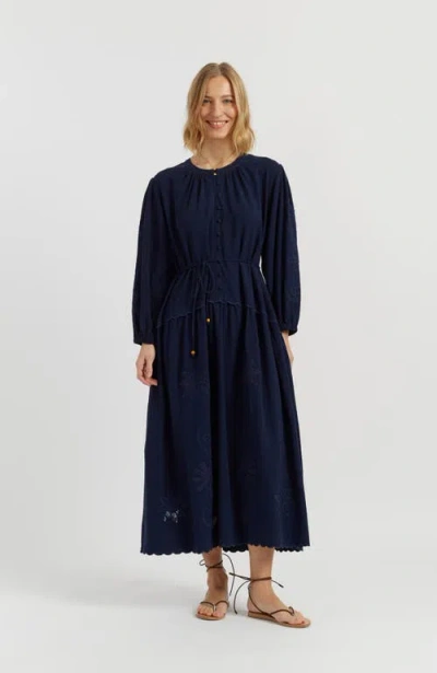 Chinti & Parker Sienna Linen-blend Broderie Dress In Blue