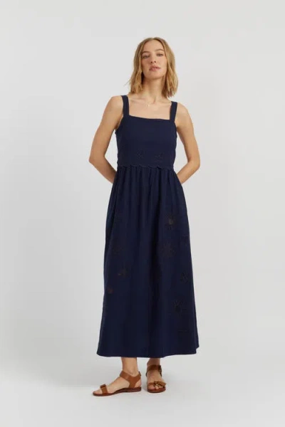 Chinti & Parker Sienna Linen-blend Broderie Summer Dress In Blue
