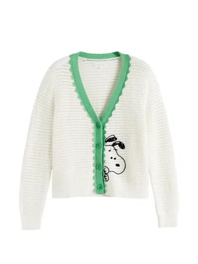 Chinti & Parker Cotton Snoopy Crochet Peekabo Cardigan In Neutral