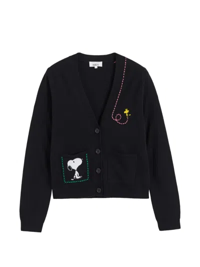 Chinti & Parker Snoopy-intarsia Patch-pocket Cardigan In Black