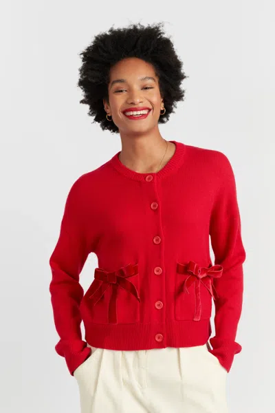 CHINTI & PARKER VELVET-RED MERINO WOOL VELVET BOW CARDIGAN