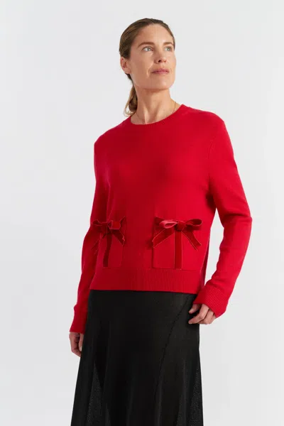 CHINTI & PARKER VELVET-RED MERINO WOOL VELVET BOW SWEATER