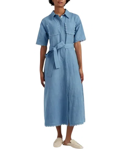Chinti & Parker Linen-blend Scallop Shirt Dress In Blue