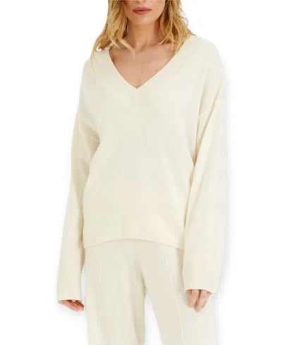 Chinti & Parker Women's V Neck Wool Cashmere Slouchy Lightweight Sweater In White