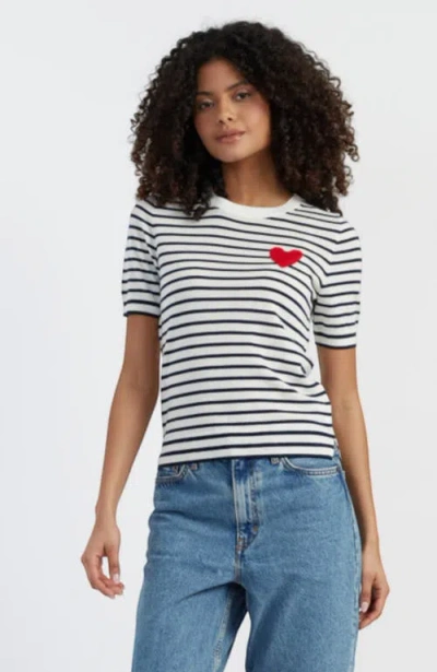Chinti & Parker Pure Merino Heart Breton Short Sleeve Sweater In Cream/navy/true Red