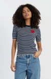 Chinti & Parker Pure Merino Heart Breton Short Sleeve Sweater In Navy/cream/true Red