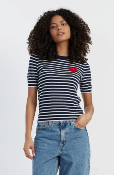 Chinti & Parker Pure Merino Heart Breton Short Sleeve Sweater In Navy/cream/true Red
