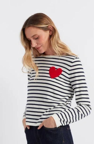 Chinti & Parker Pure Merino Heart Breton Sweater In Cream/navy/true Red