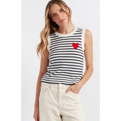 Chinti & Parker Pure Merino Heart Breton Tank In Cream/navy/true Red