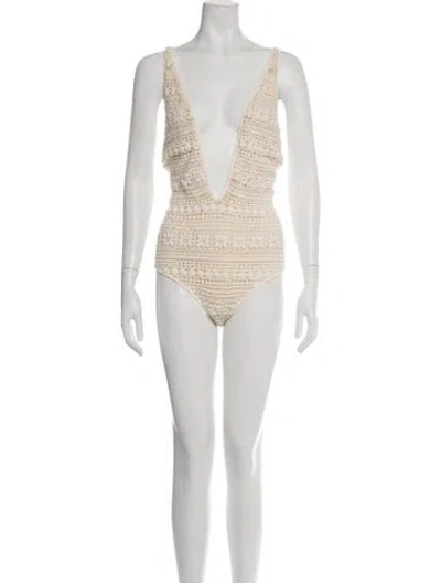 Pre-owned Chio Lace Pattern Crochet Trim One-piece W/ Tags In Neutrals