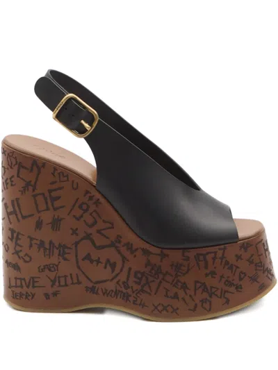 Chloé Maxime Leather Slingback Platform Wedge Sandals In Black