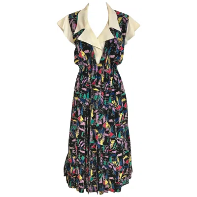 Pre-owned Chloé 1970s Chloe Abstract Print Multi Color Print Silk Dress In Black