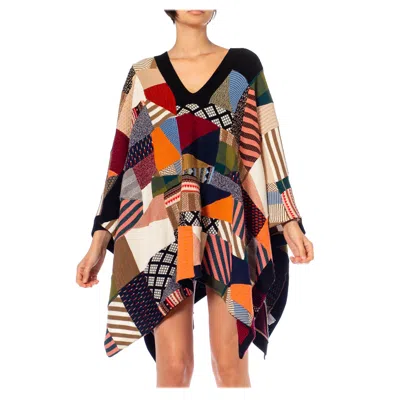 Pre-owned Chloé 2000s Chloe Multicolor Wool Blend Knit Patchwork Quilt Poncho In Brown