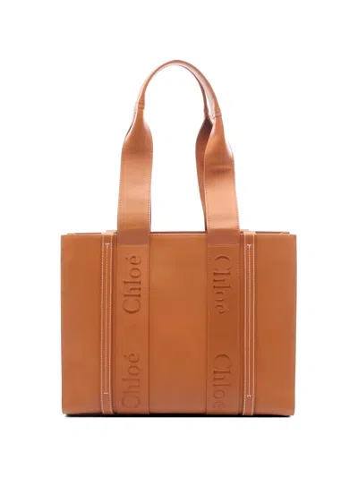 Pre-owned Chloé 2000s Woody Logo Leather Tote Bag In Brown