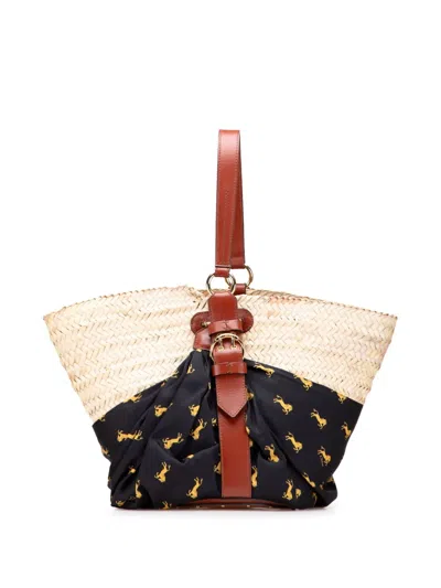 Pre-owned Chloé 2002-2025 Medium Raffia Little Horses Panier Basket Tote Bag In Brown