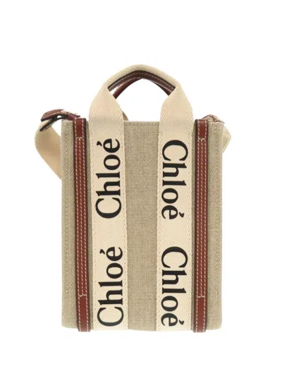 Pre-owned Chloé 2002-2025 Mini Canvas Woody North South Tote Satchel In Neutral