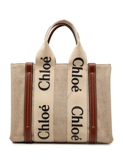 Pre-owned Chloé 2002-2026 Small Canvas Woody Tote Satchel In Neutral