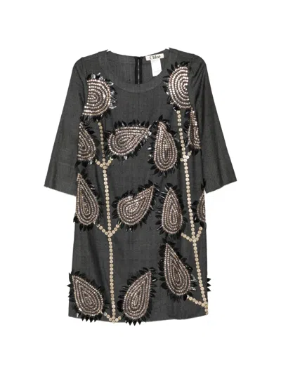 Pre-owned Chloé 2006 Embellished Leaf-motif Dress In Gray