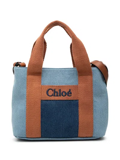 Pre-owned Chloé 2010-2025 Kids Embroidered Logo Denim Satchel In Blue