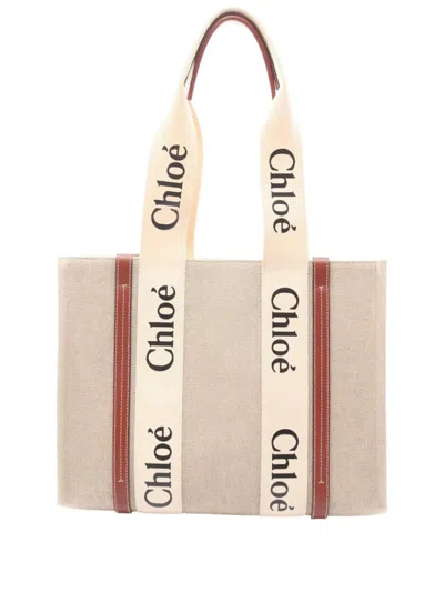 Pre-owned Chloé 2010-2026 Medium Canvas Woody Tote Bag In Brown