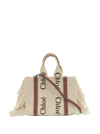 Pre-owned Chloé 2010-2025 Small Linen Woody Fringe Tote Satchel In Brown