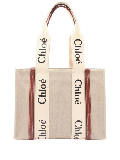 Pre-owned Chloé 2010-2026 Medium Canvas Woody Tote Bag In Neutral