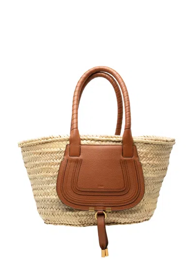Pre-owned Chloé 2010-2026 Medium Raffia Marcie Basket Tote Bag In Brown