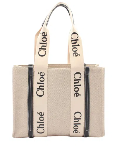 Pre-owned Chloé 2010-2026 Medium Woody Canvas Tote Bag In Neutral