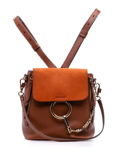 Pre-owned Chloé 2018 Medium Calfskin And Suede Faye Backpack In Brown