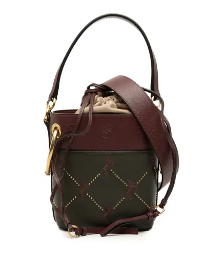 Pre-owned Chloé 2018 Mini Bicolor Embroidered Horses Calfskin Roy Bucket Bag Satchel In Brown