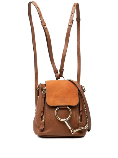 Pre-owned Chloé 2018 Mini Calfskin And Suede Faye Backpack In Brown