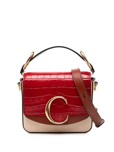 Pre-owned Chloé 2019 Mini Bicolor Croc Embossed Calfskin C Satchel In Red