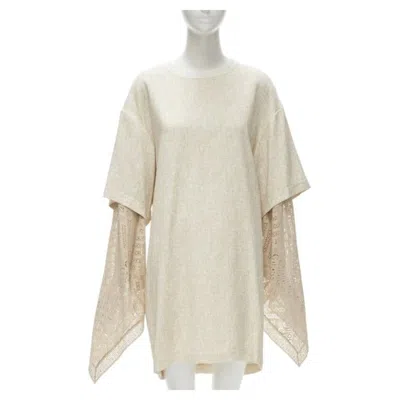 Pre-owned Chloé Chloe 2019 Sandy Khaki Speckle Bohemian Crochet Sleeves Layered Dress Fr40 M