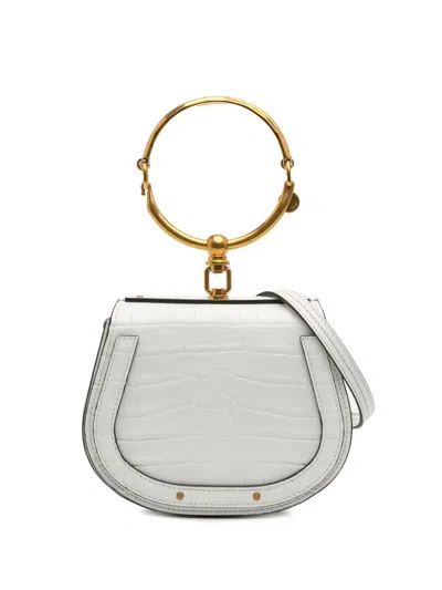 Pre-owned Chloé 2019 Small Croc Embossed Calfskin And Suede Nile Bracelet Satchel In White